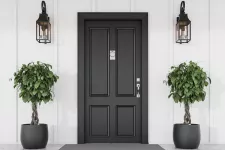 A black door adorned with two potted plants, adding a touch of nature to the entrance