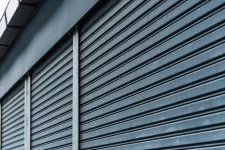 A close-up of a rolling steel garage doors