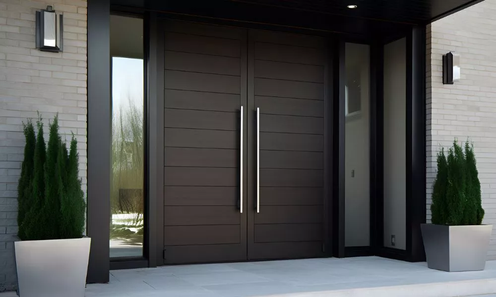 Contemporary-style double entrance door with white vases on either side, filled with greenery