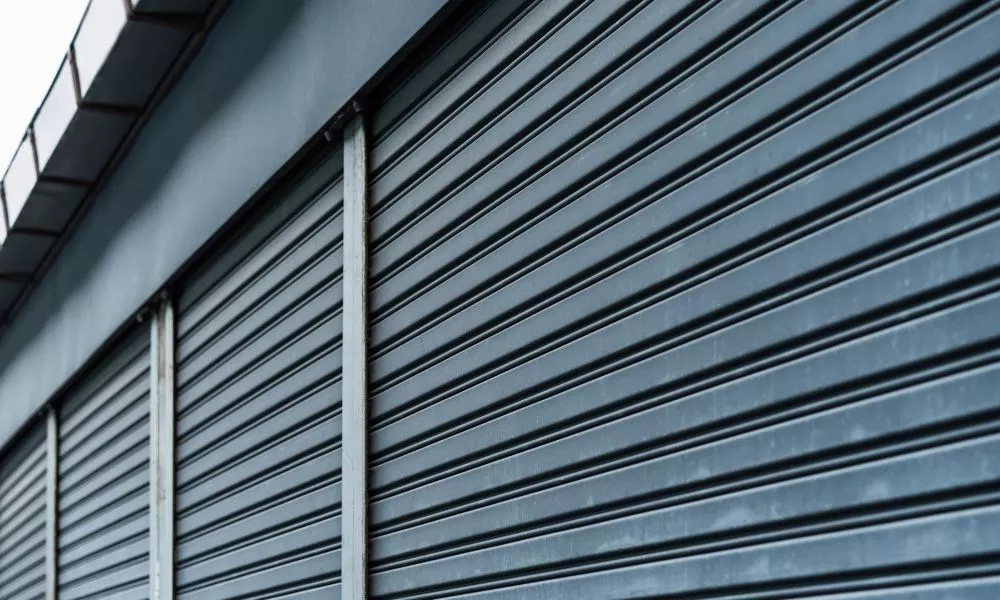 A close-up of a rolling steel garage doors