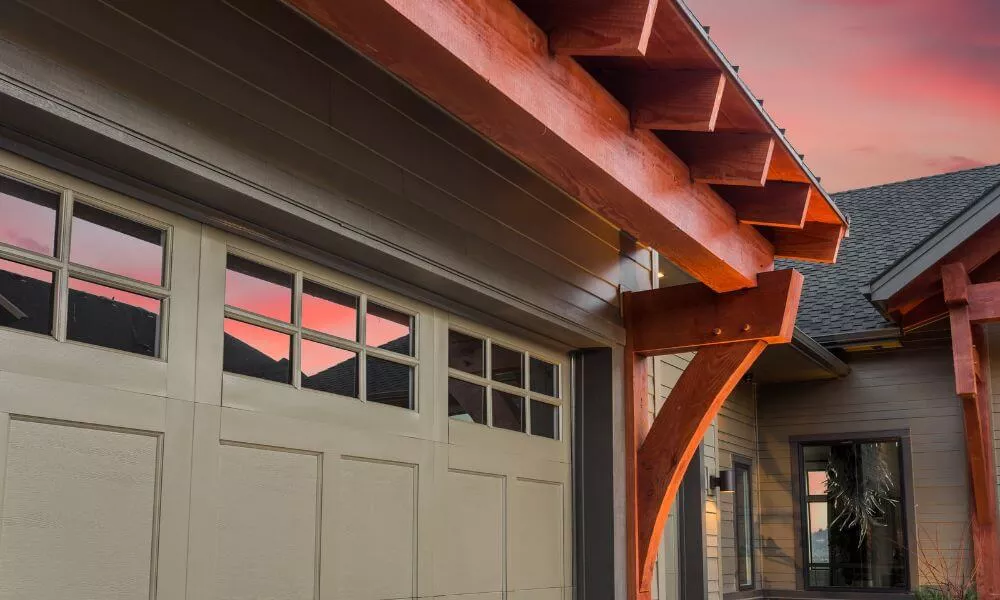 A garage door under a vibrant red sky, creating a captivating contrast of colors