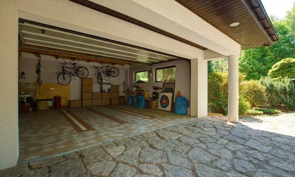 A garage with a bike rack and a bike parked