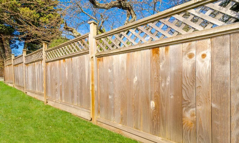 A wooden fence with a lattice pattern on top, providing privacy and adding an elegant touch to the surroundings
