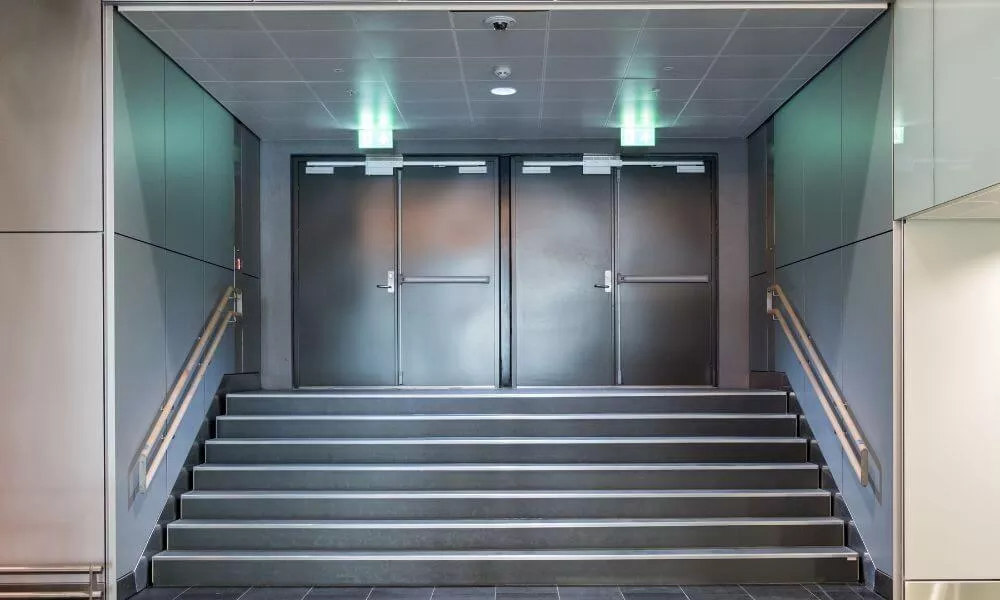 An office building with sleek steel entry doors