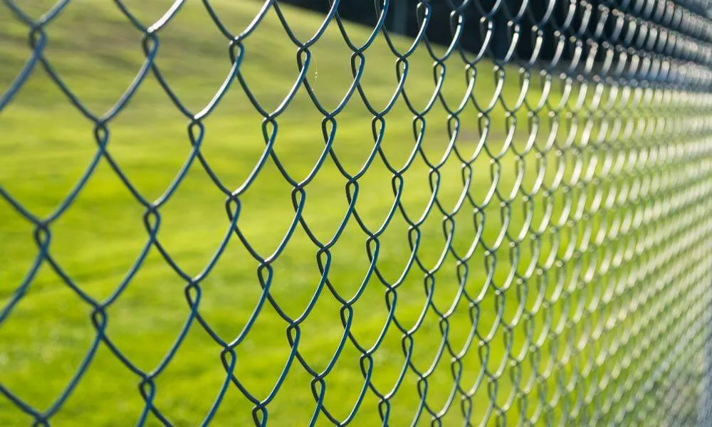 A chain link fence in front of a green field, providing a boundary between the field and its surroundings.
