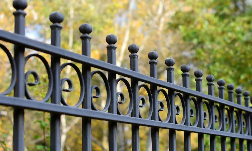 A black wrought fence with intricate designs, adding elegance and charm to its surroundings.